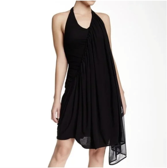 ♤ L.A.M.B. Asymmetric Knit Cape Black Halter Dress Size 10 - Picture 1 of 16